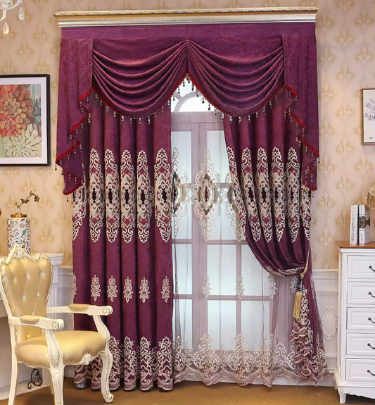 Ready luxury living room darkening noise reduction jacquard curtain hotel design custom wholesale window curtains with valance