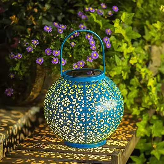 Waterproof Antique Blue Solar Lantern Outdoor Garden Hanging Lights Round Metal Pattern Shadow Pot Jar Shape Lamp