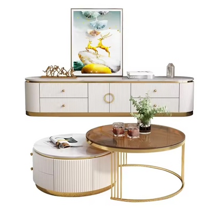 European style simple home furniture particle board metal legs wood tv table stand with storage cabinets