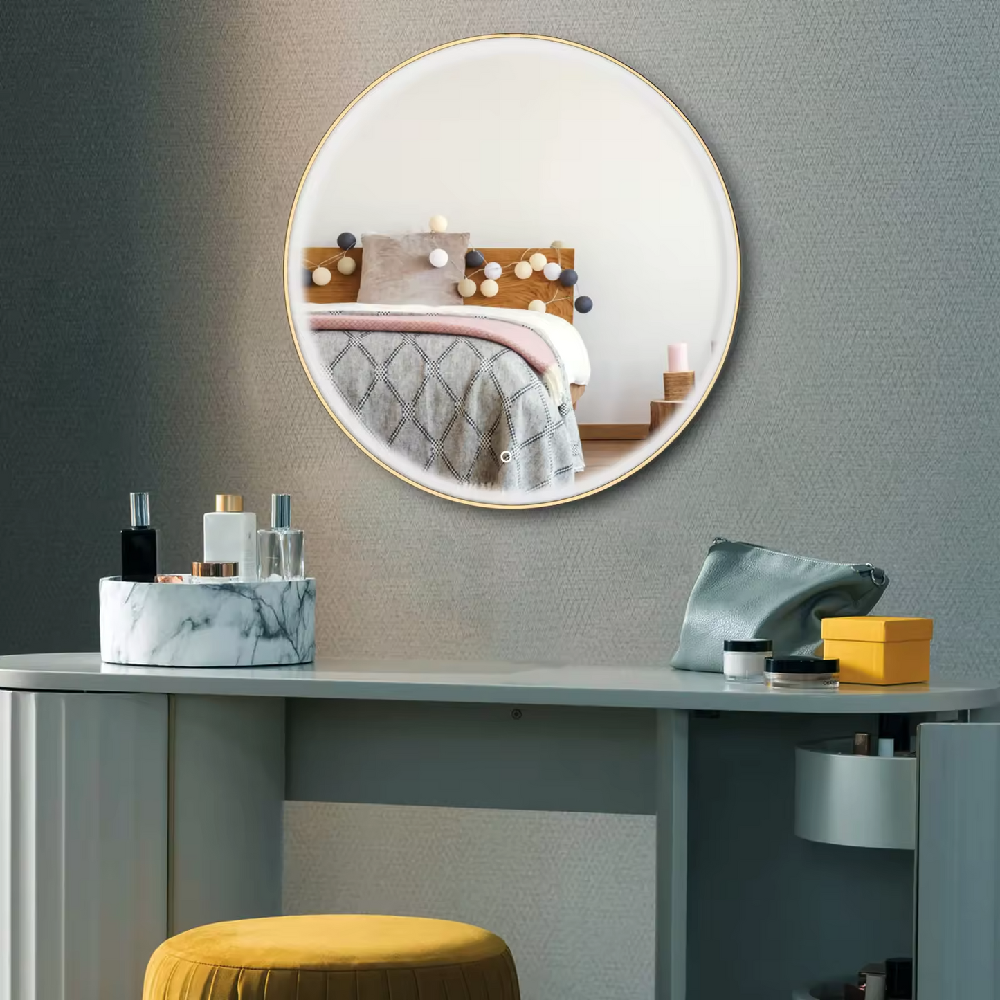 New style Round Gold Framed Smart Led Bath Mirror / Anti fog Color Changing Led light Mirror