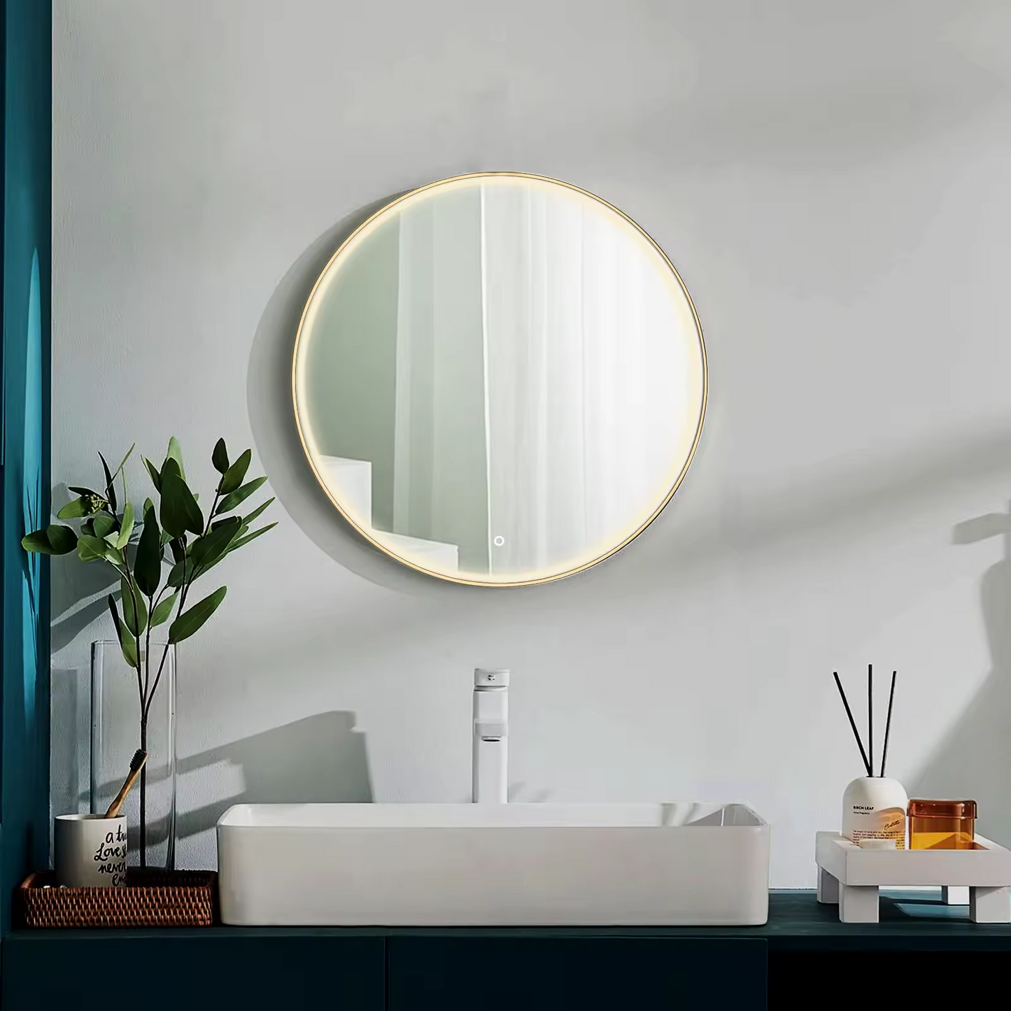 New style Round Gold Framed Smart Led Bath Mirror / Anti fog Color Changing Led light Mirror