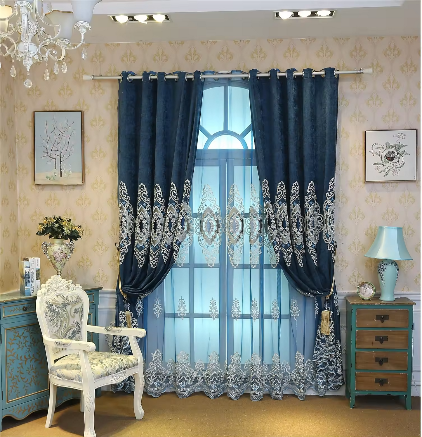 Ready luxury living room darkening noise reduction jacquard curtain hotel design custom wholesale window curtains with valance