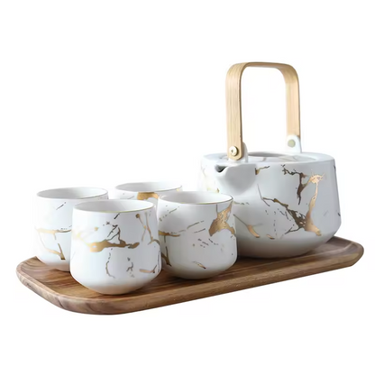 Japanese Style Fine Bone China Ceramic Tea Cup Sets With Teapot and Wooden Tray