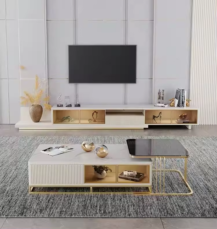 European style simple home furniture particle board metal legs wood tv table stand with storage cabinets