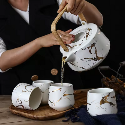 Japanese Style Fine Bone China Ceramic Tea Cup Sets With Teapot and Wooden Tray