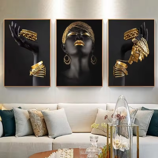 Living Room Decor Black African Woman Portrait Gold Jewelry Posters Prints black people art printed canvas picture paintings