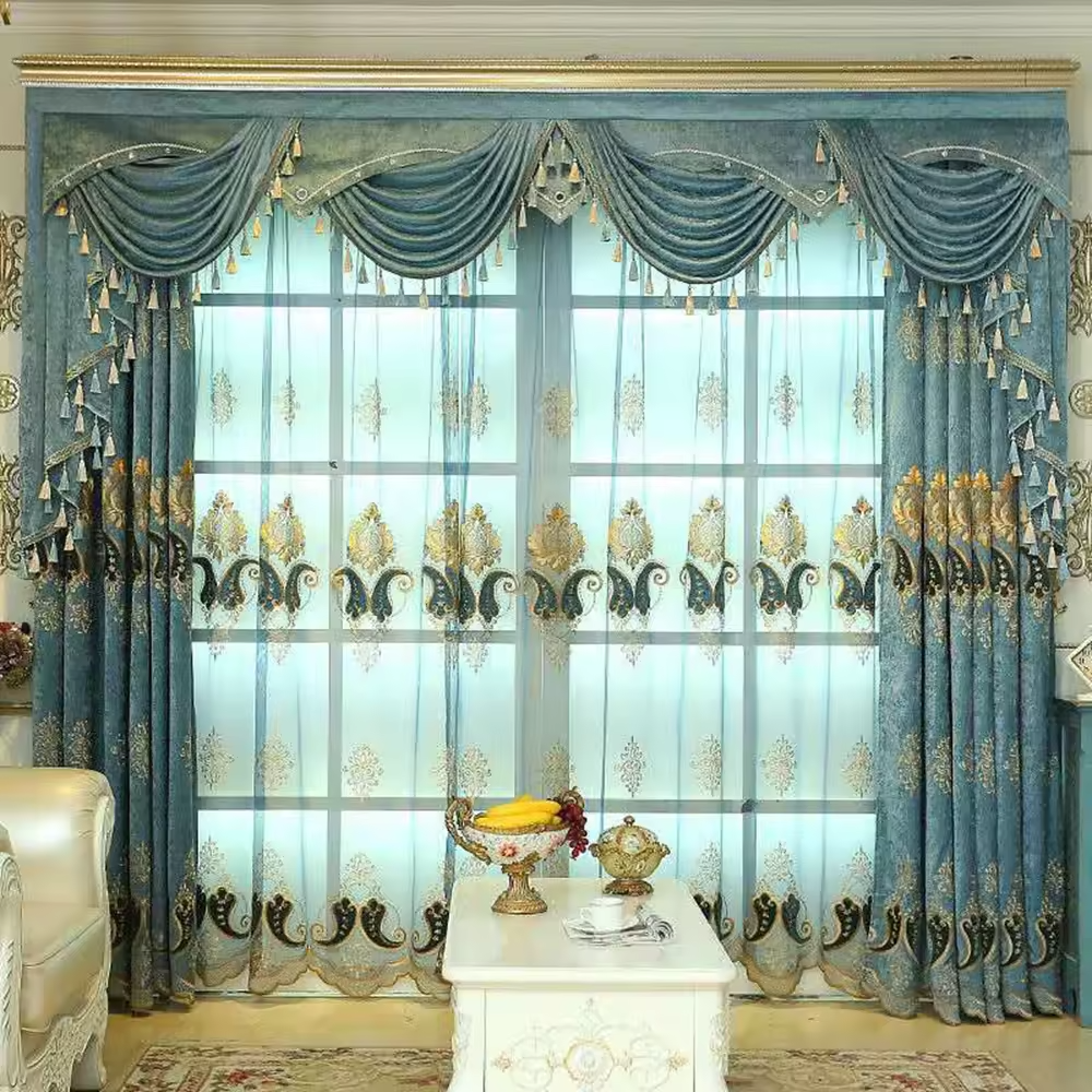 Ready luxury living room darkening noise reduction jacquard curtain hotel design custom wholesale window curtains with valance