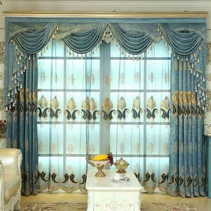 Ready luxury living room darkening noise reduction jacquard curtain hotel design custom wholesale window curtains with valance