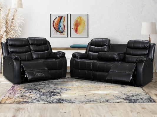 3 2 Recliner Sofa Set. 2 Piece Recliner Sofa Package Suite in Black Leather with Drop-Down Table & Drink Holders- Sorrento