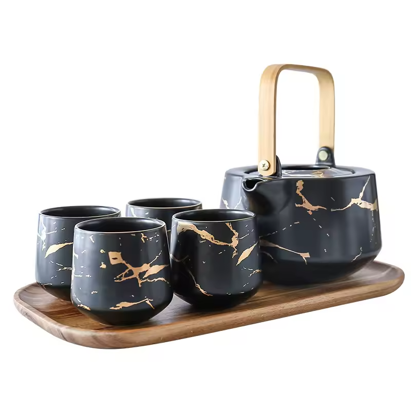 Japanese Style Fine Bone China Ceramic Tea Cup Sets With Teapot and Wooden Tray