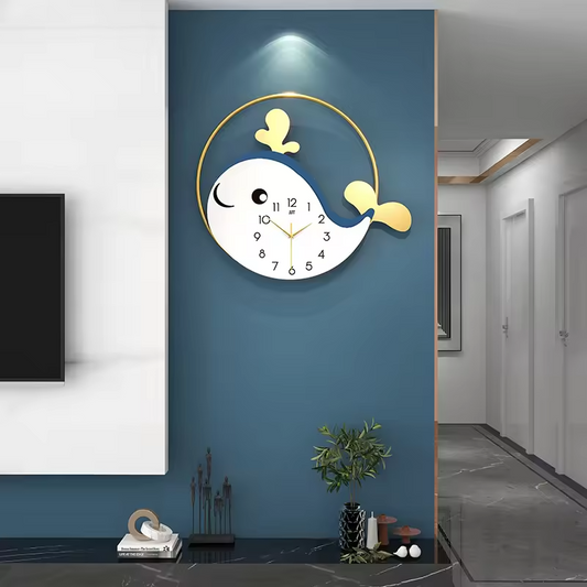 Creative modeling design blue and white cartoon whale pattern gifts for kids metal silent wall clock for home bedroom