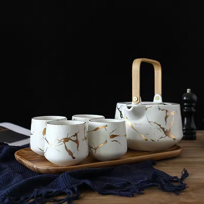 Japanese Style Fine Bone China Ceramic Tea Cup Sets With Teapot and Wooden Tray