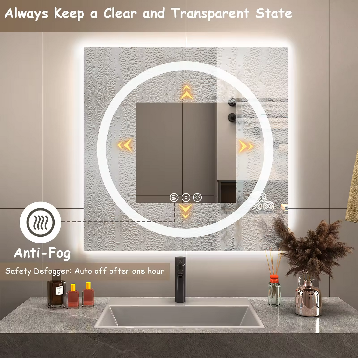 Modern anti fog rectangular frameless wall light up touch Tempered Bathroom Mirror