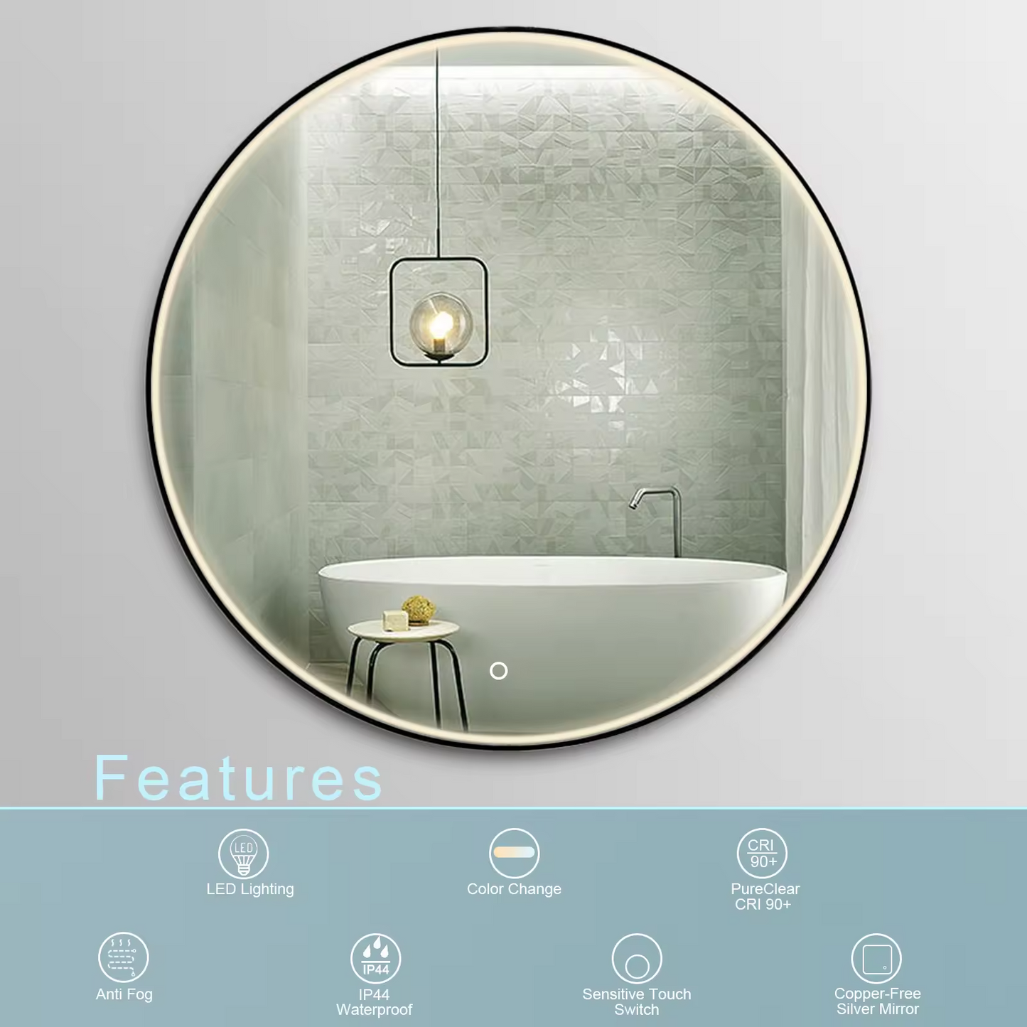 New style Round Gold Framed Smart Led Bath Mirror / Anti fog Color Changing Led light Mirror