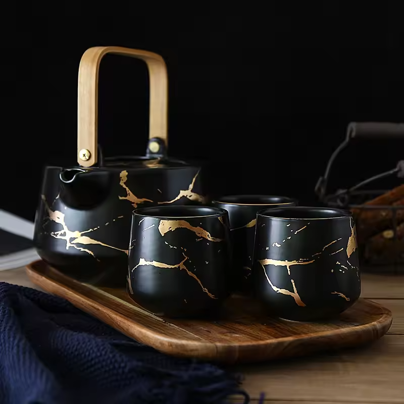 Japanese Style Fine Bone China Ceramic Tea Cup Sets With Teapot and Wooden Tray