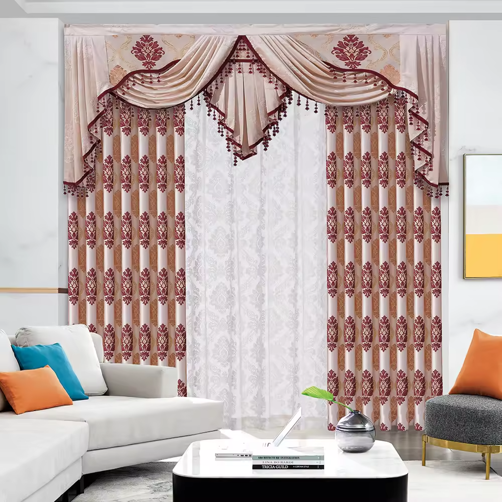 Jacquard Valance Curtain Beige Window Curtain Elegant Full Set Ready Made Stock Customize Beaded Big Flower Luxury Sheer Curtain