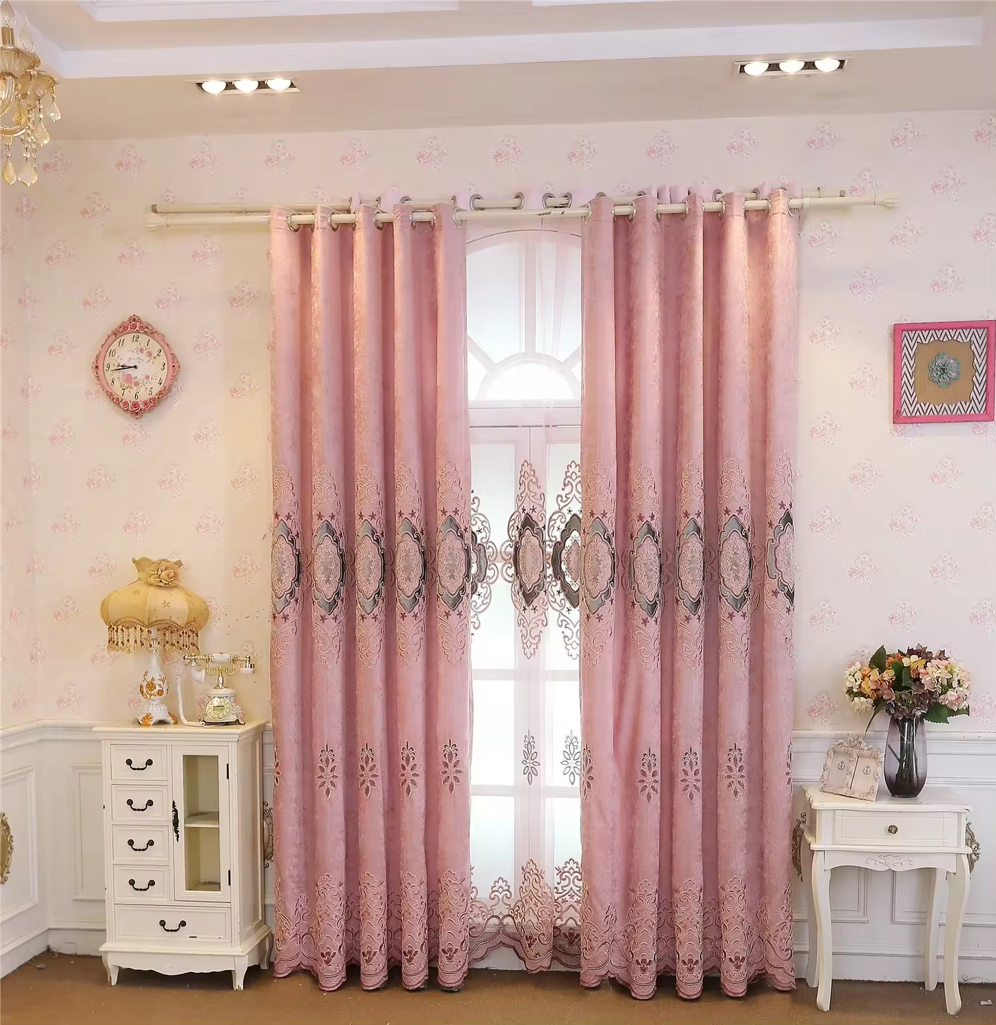 Ready luxury living room darkening noise reduction jacquard curtain hotel design custom wholesale window curtains with valance